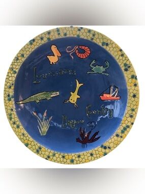 Louisiana Bayou Country Blue Souvenir Plate with Yellow Mosaic Rim 8 1/4”D